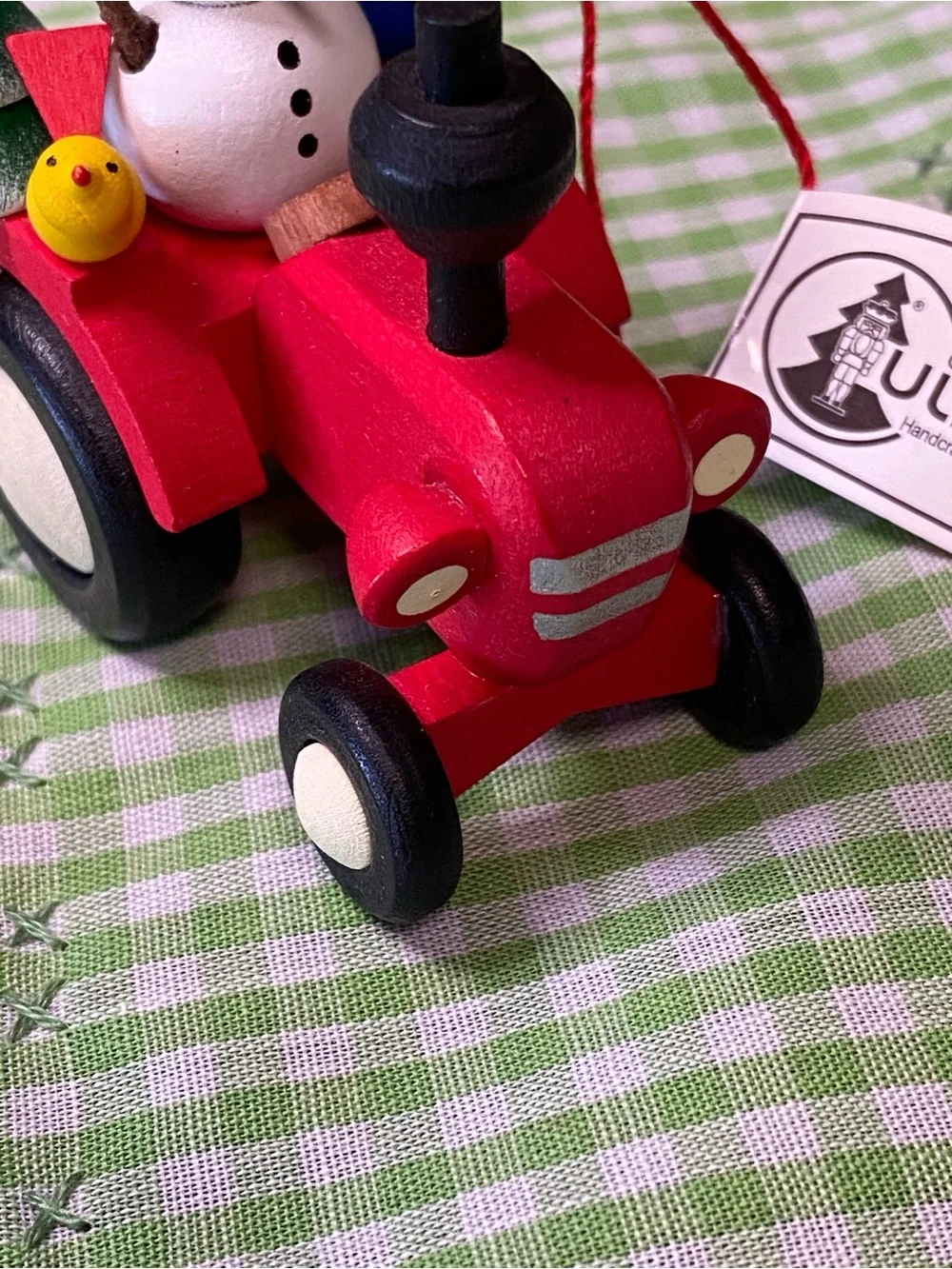 Ulbricht Red Wooden Tractor Ornament with Snowman and Tree (VO)